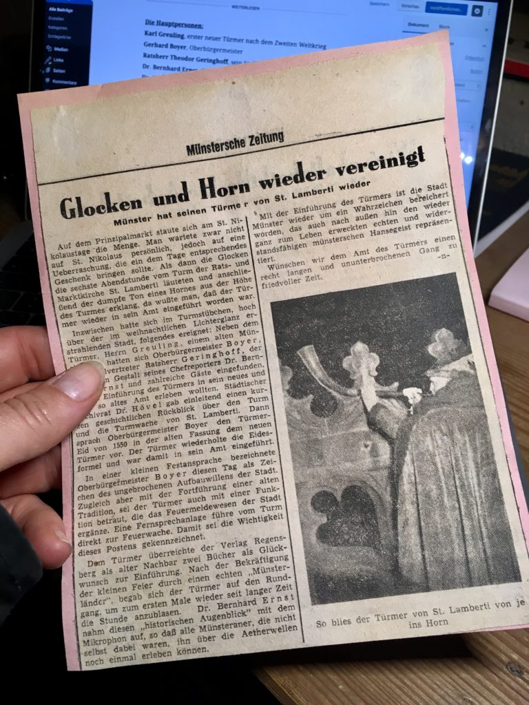 Zeitungsartikel aus der Münsterschen Zeitung von 1950 über den Türmer
