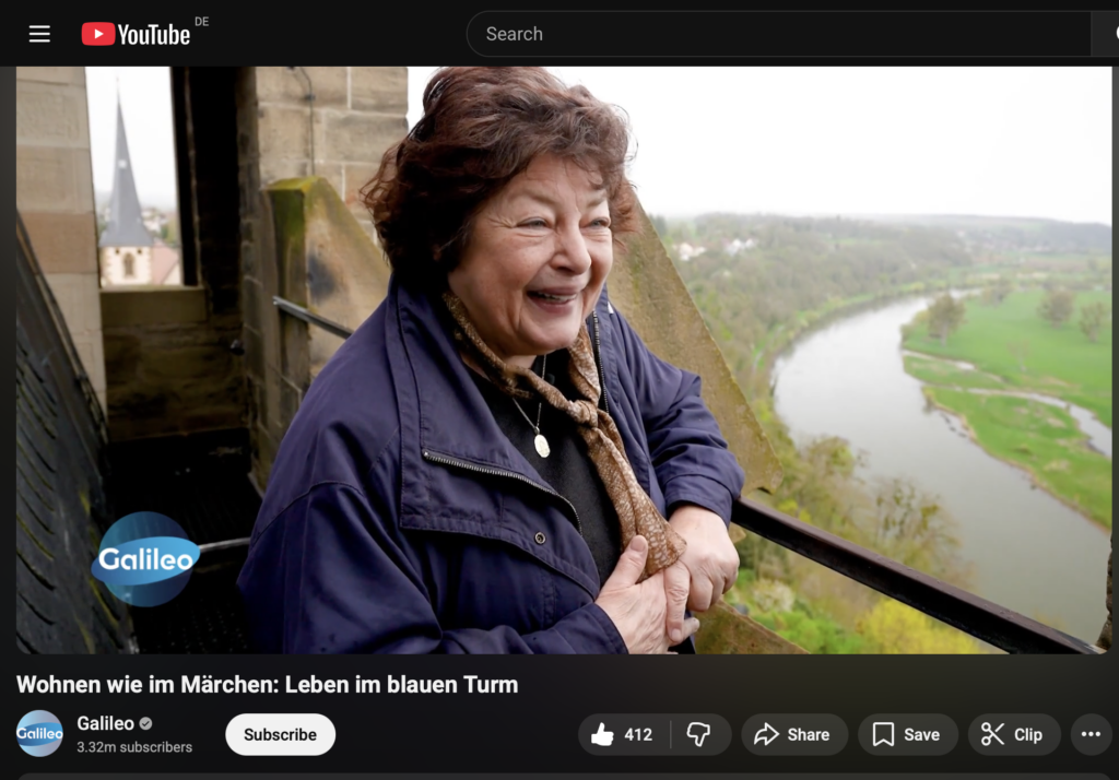 https://www.youtube.com/watch?v=r67ADzezcX0
Blanca Knodel im Blauen Turm von Bad Wimpfen bei Galileo auf YouTube